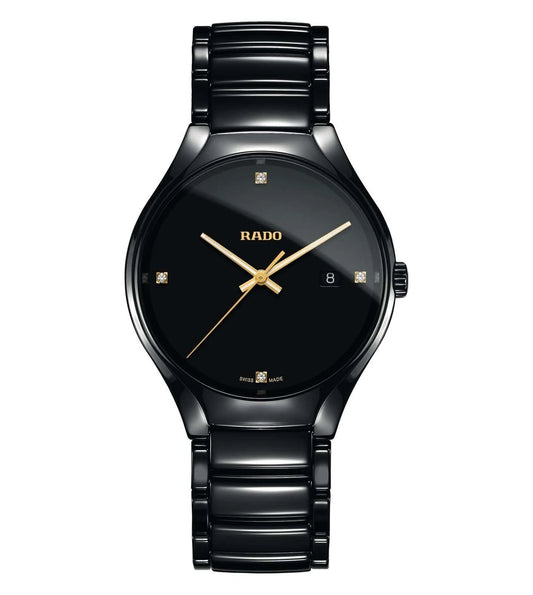 A black Rado True Diamonds watch with a black band and black dial, featuring gold hands and diamond accents.
