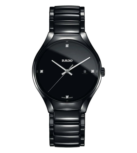 A black Rado True Diamonds analog watch with a black bracelet and a black dial, featuring diamond accents.