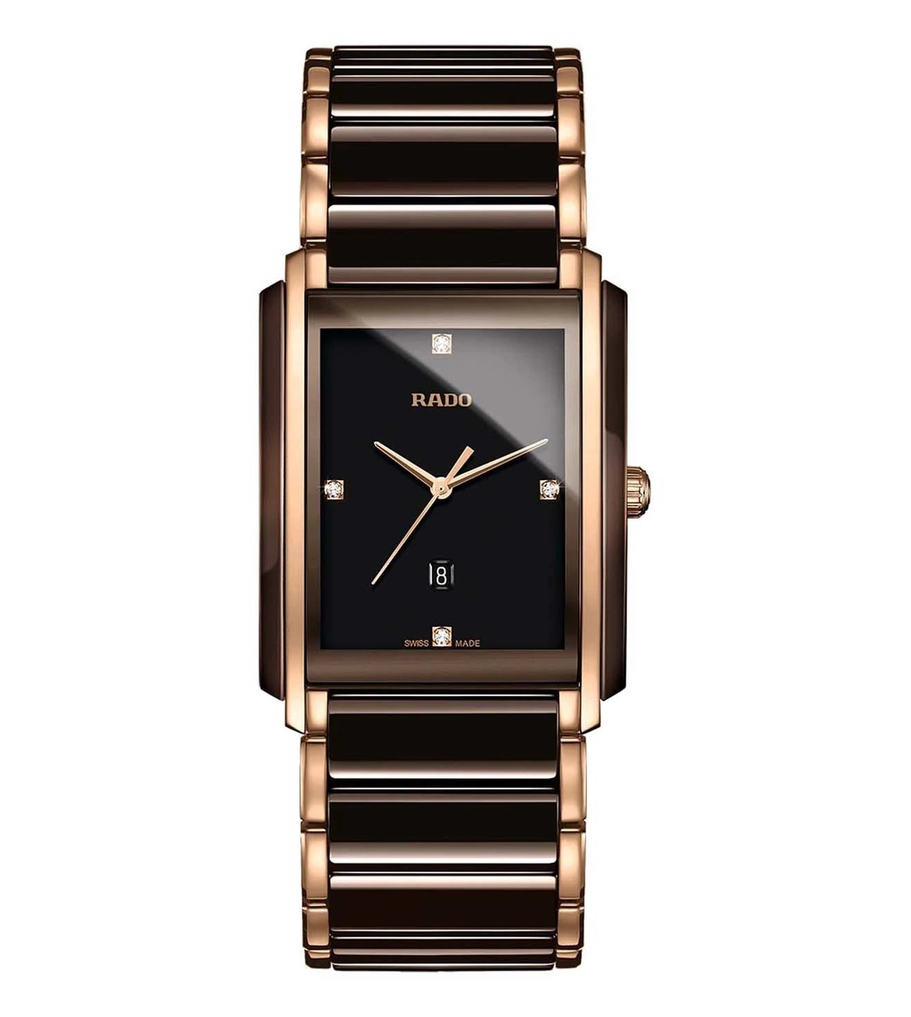 A Rado Integral Diamonds unisex watch with a black dial, rose gold case, and bracelet.