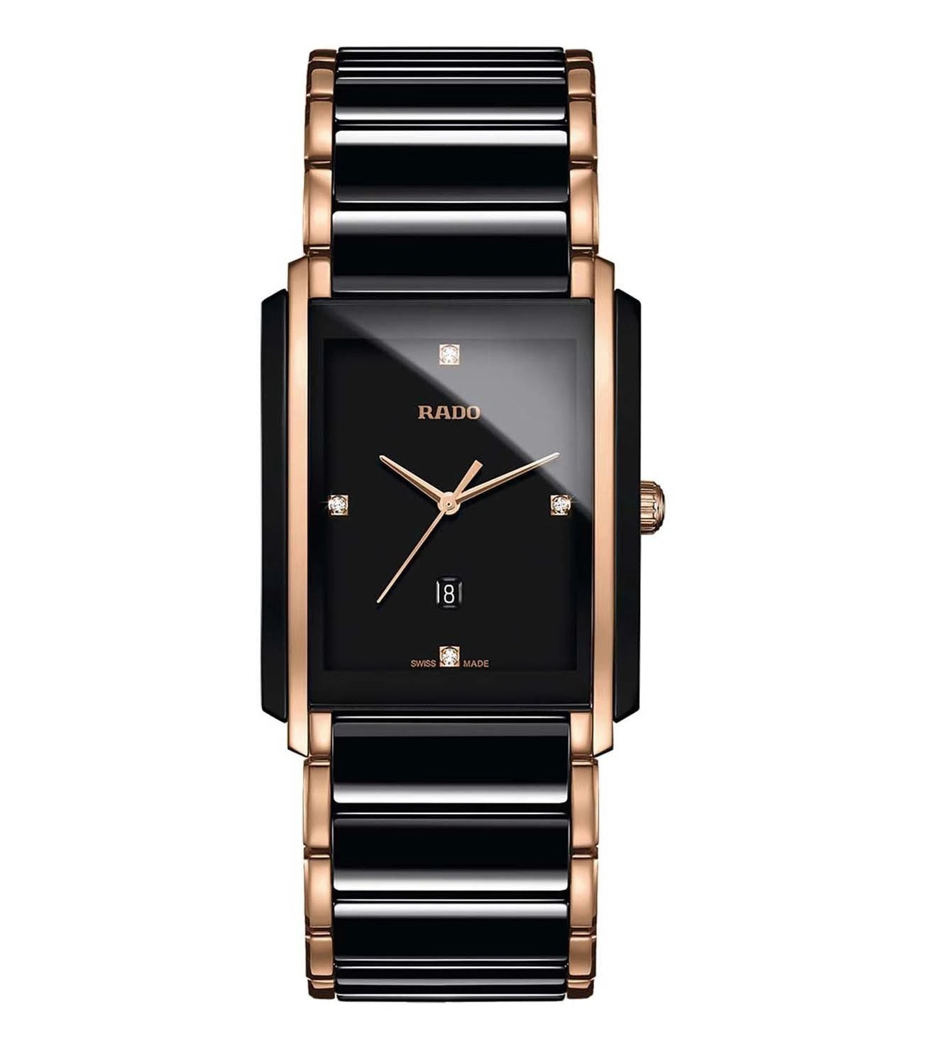 A RADO Integral Diamonds watch with a black ceramic band, rose gold stainless steel casing, and a black dial with diamond accents.