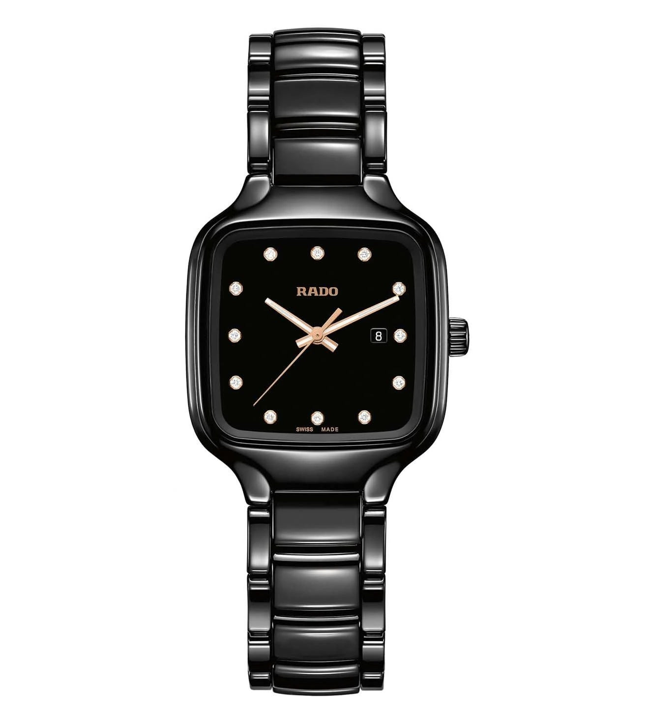 A black Rado True Square Diamonds watch with a square-shaped face and a diamond pattern on the dial, accompanied by a black bracelet.
