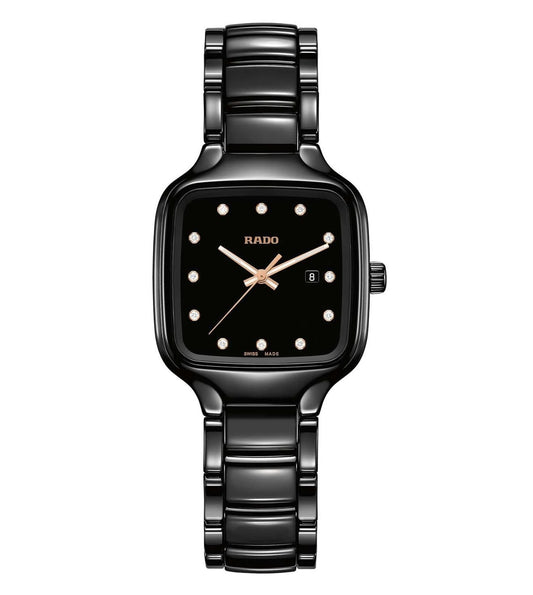 A black Rado True Square Diamonds watch with a square-shaped face and a diamond pattern on the dial, accompanied by a black bracelet.