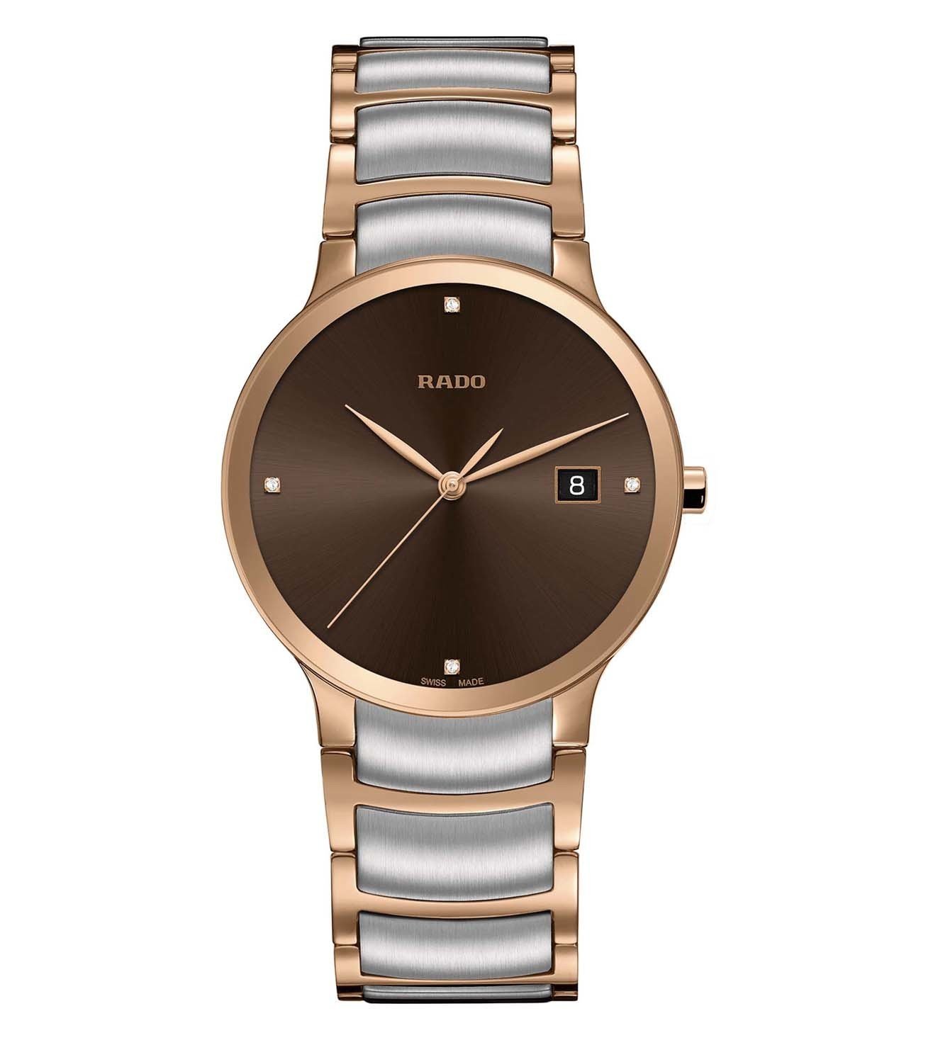A Rado Centrix Diamonds watch for men with a brown dial, rose gold case, and silver bracelet.