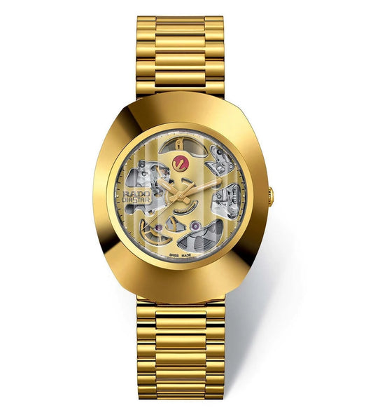 A gold-colored RADO DiaStar Original Automatic watch with a sapphire glass dial cover and a gold bracelet.