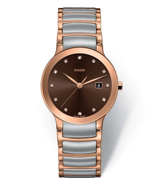 A Rado Centrix Diamonds watch for women with a rose gold case, gray mother-of-pearl dial, and a mix of gray and rose gold links.