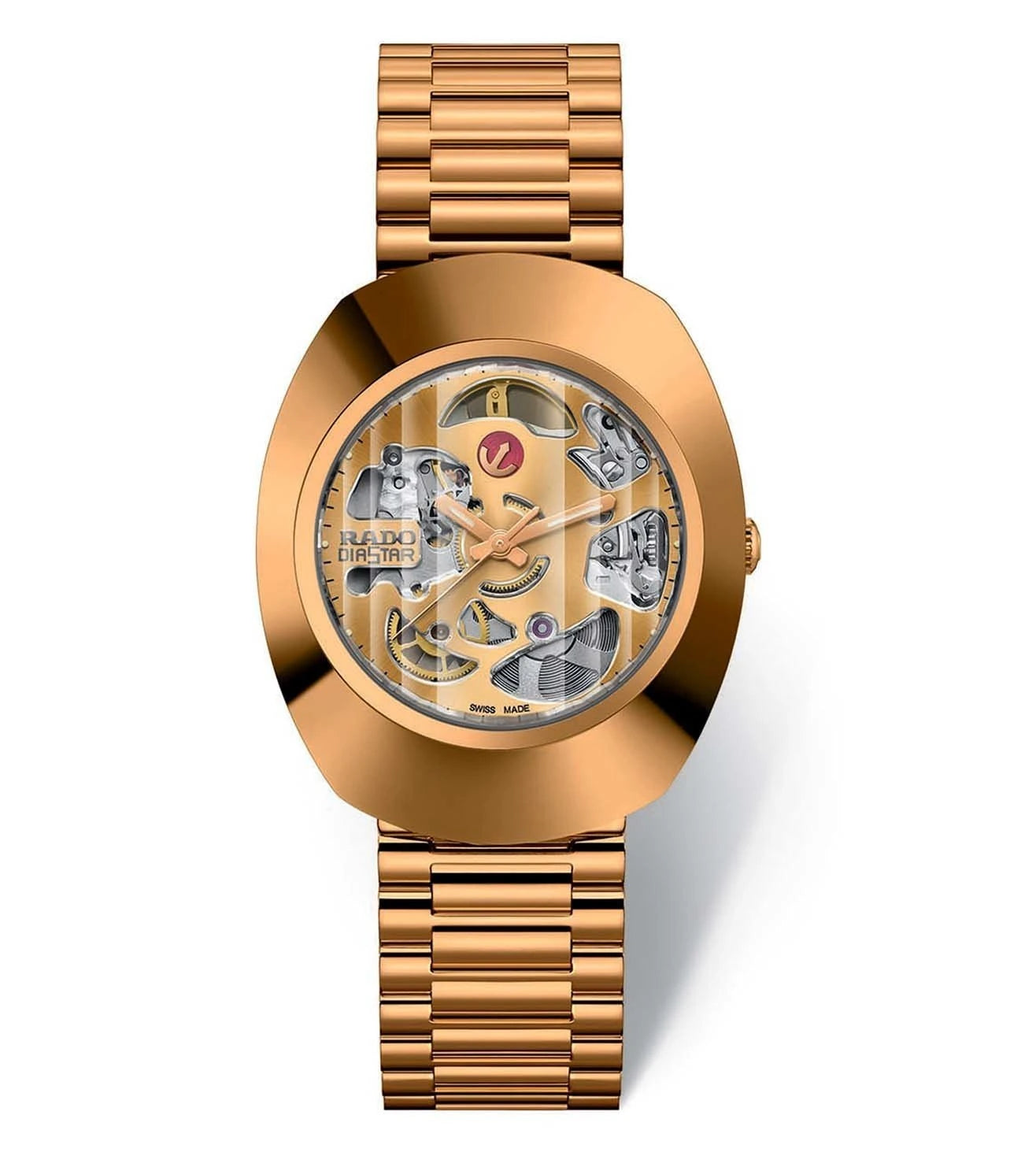 A rose gold Rado DiaStar Original automatic watch with a textured dial and a bracelet made of linked rose gold pieces.