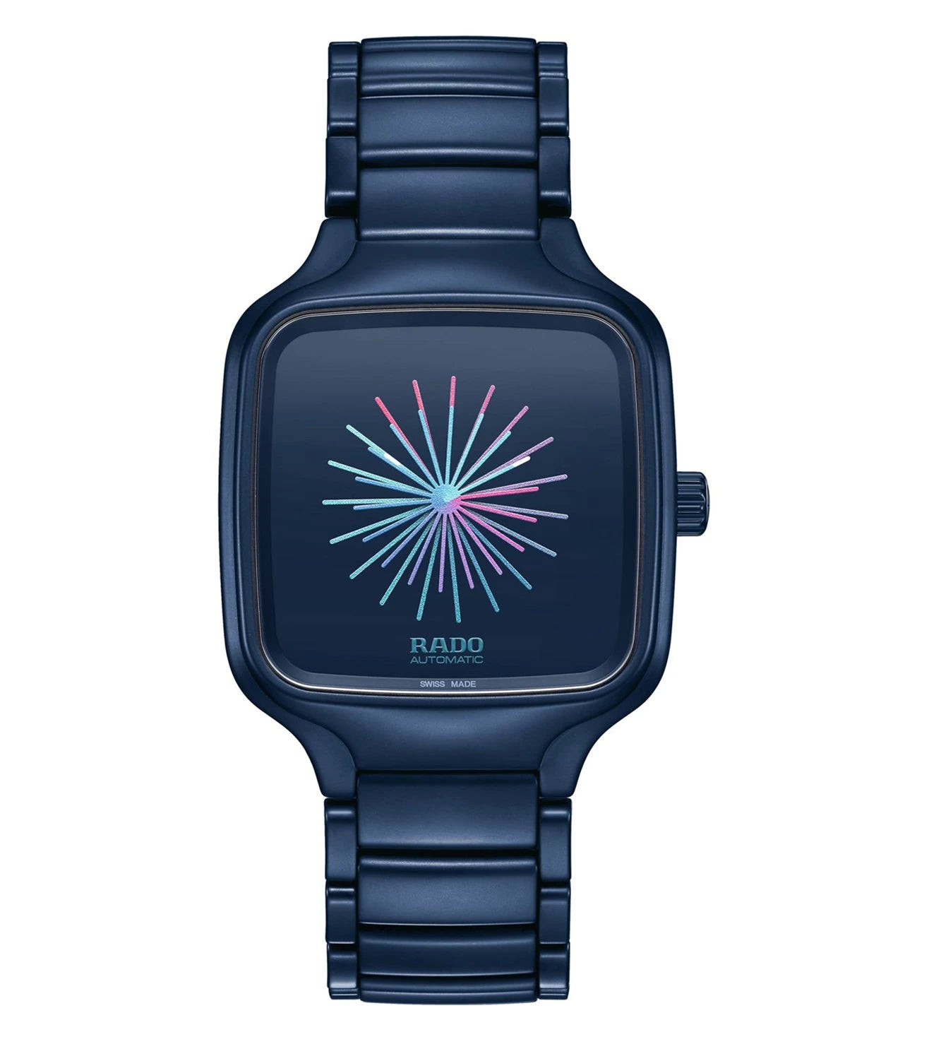A blue Rado True Square Multifunction Unisex Watch with a colorful burst pattern on the dial and a metallic bracelet.