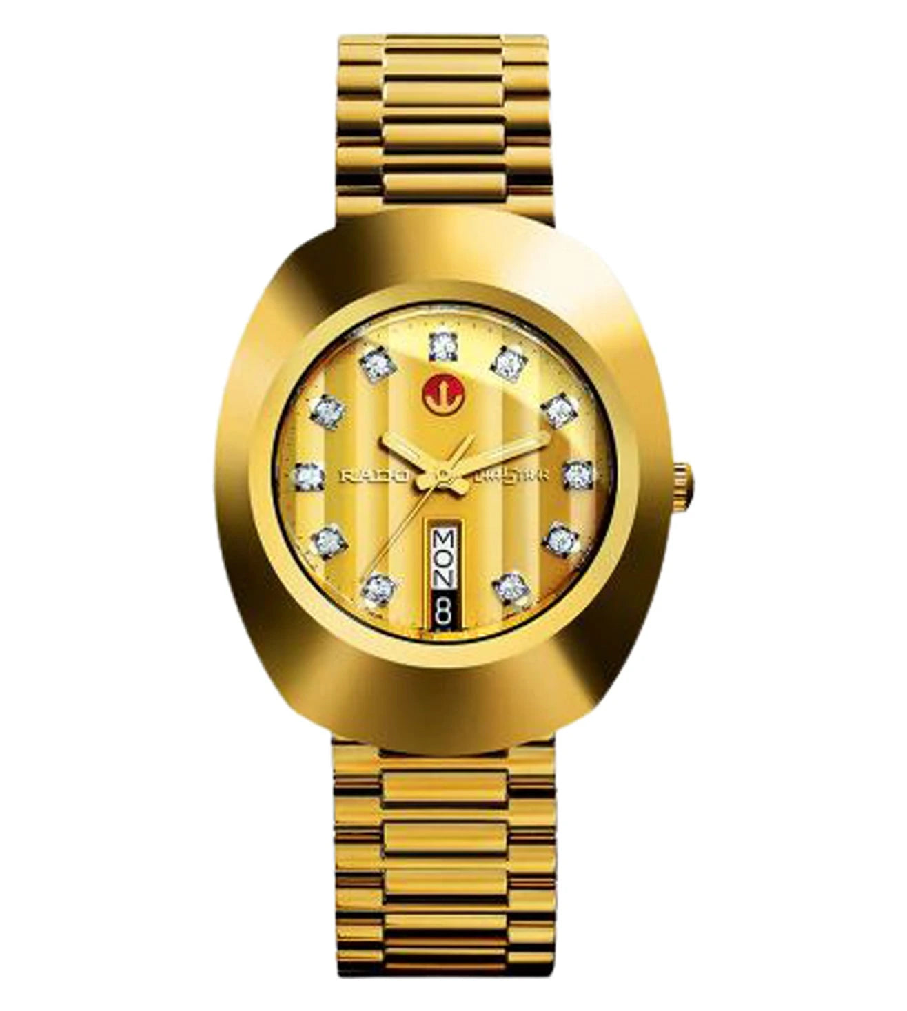 A gold-colored RADO DiaStar Original automatic watch with a bracelet strap and a dial featuring diamond markers.