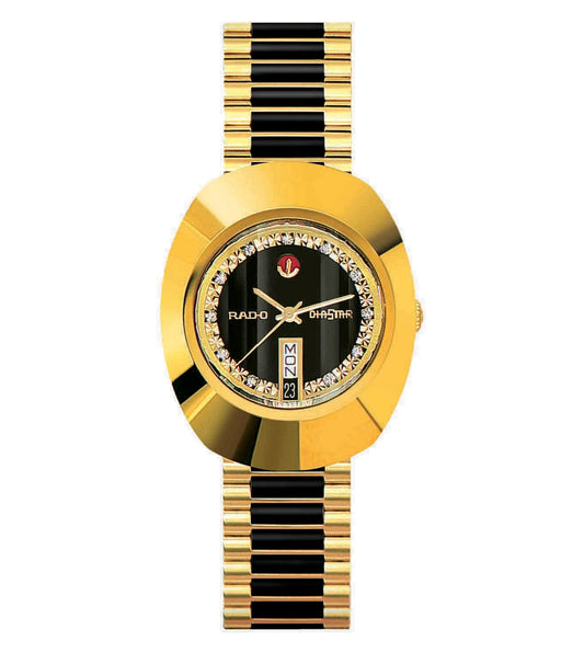 A Rado DiaStar Original Automatic watch for men with a gold case and black dial, featuring a gold and black bracelet.