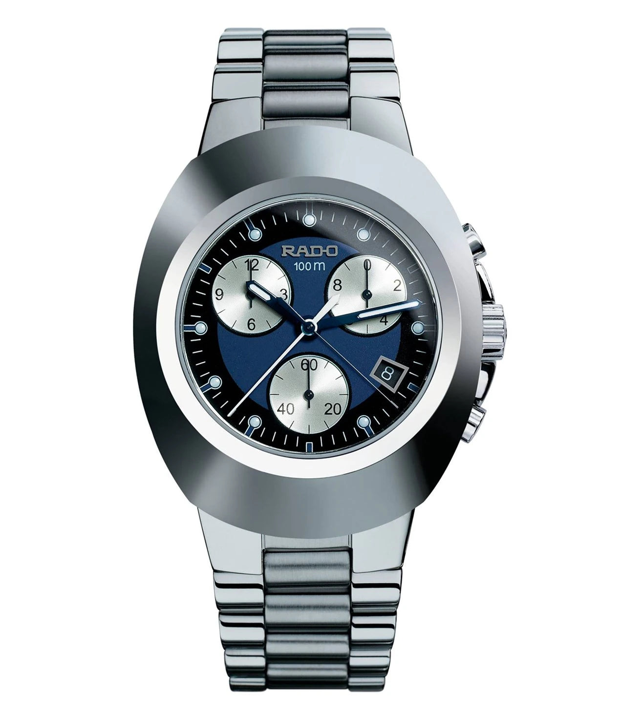 A Rado DiaStar Original Chronograph Watch for men with a silver bracelet and a blue dial with multiple sub-dials and a date display.