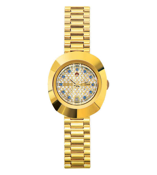 A gold-colored RADO DiaStar Original Automatic watch with a patterned dial and a bracelet strap.