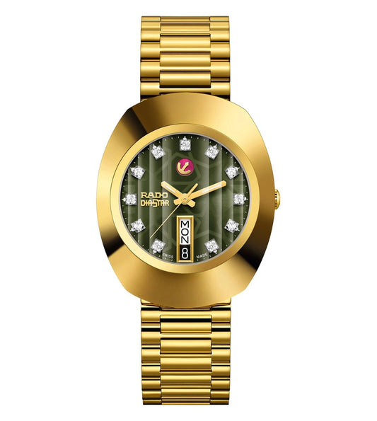 A RADO DiaStar Original Automatic Watch for Men with a gold bracelet and a green dial featuring a date display and multiple watch hands.