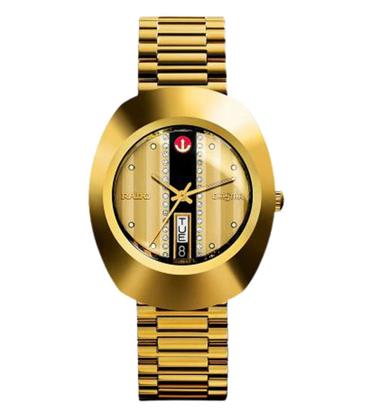 A gold-colored RADO DiaStar Original automatic watch with a bracelet strap and a dial featuring a red second hand and white markers.