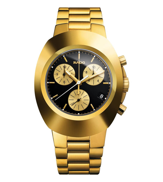 A Rado DiaStar Original Chronograph Watch for men with a gold bracelet and black dial featuring subdials and a date display.