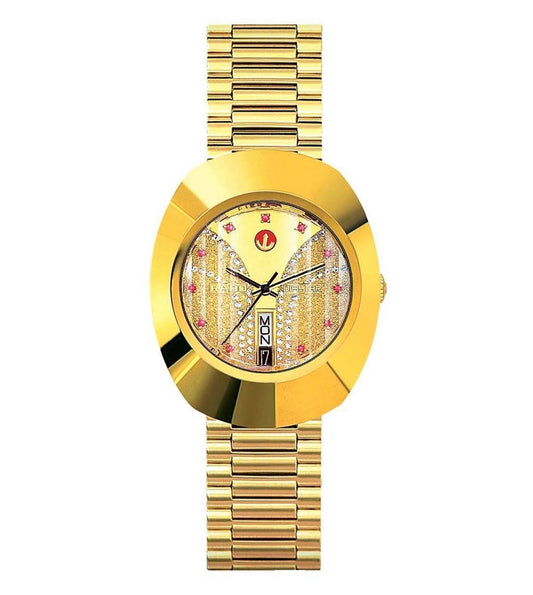 A gold-colored Rado Original watch for men with a dial featuring multiple subdials and a metallic bracelet.