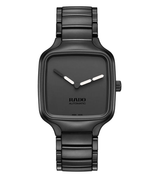 A black Rado True Square unisex watch with a square ceramic case and a black bracelet.