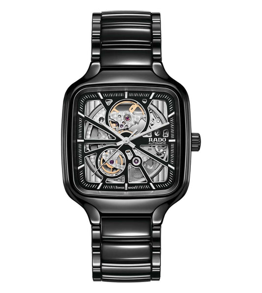 A black Rado True Square Automatic unisex watch with a square case and a visible mechanical movement.