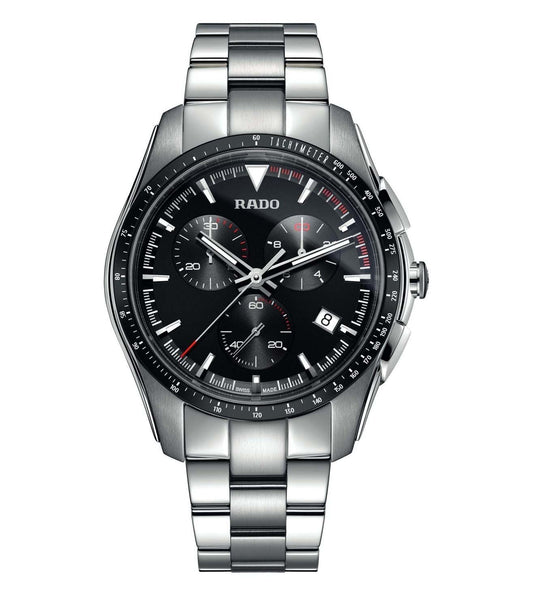 A RADO HyperChrome Chronograph Watch for Men with a black dial, silver metallic bracelet, and casing.