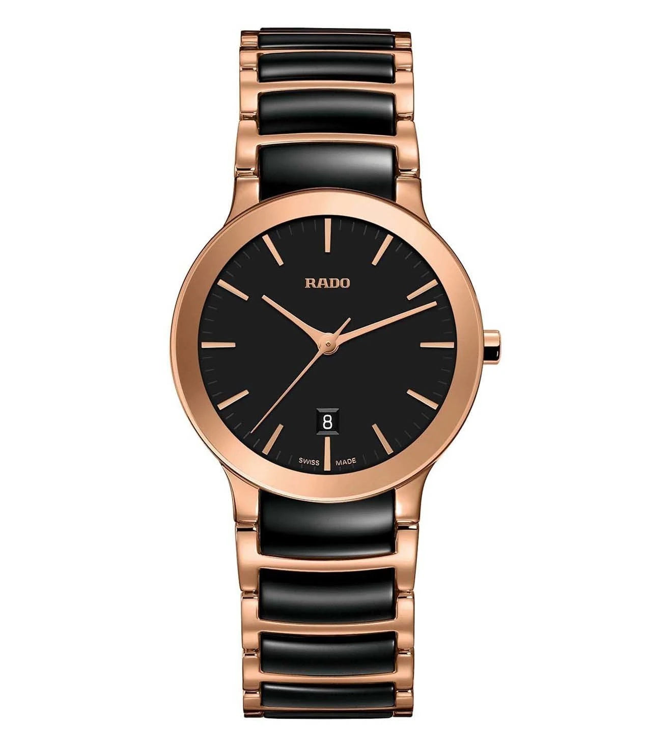 A Rado Centrix watch for women with a black dial, rose gold case, and bracelet in black and rose gold.