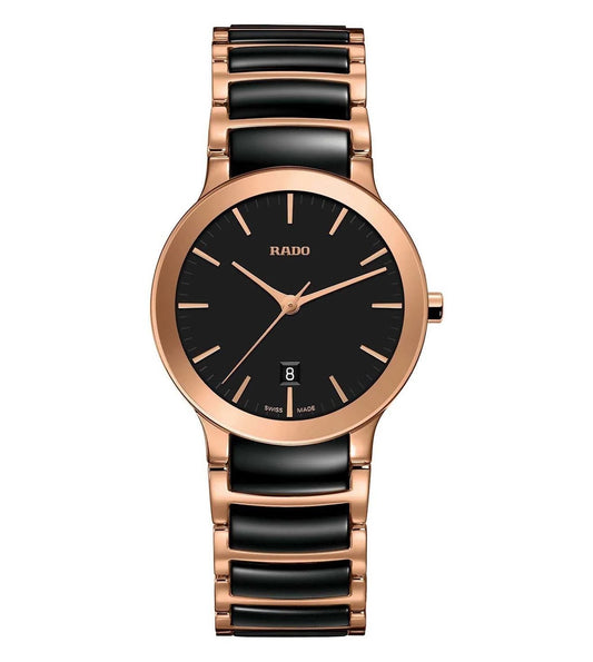 A Rado Centrix watch for women with a black dial, rose gold case, and bracelet in black and rose gold.