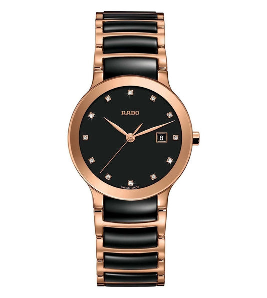 A Rado Centrix watch for women with a black dial, rose gold case, and bracelet in black and rose gold colors.