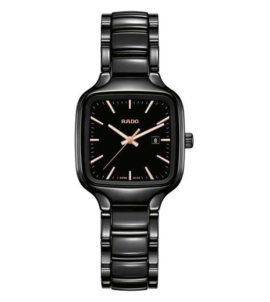 A black Rado True Square watch with a square-shaped face and a black bracelet.