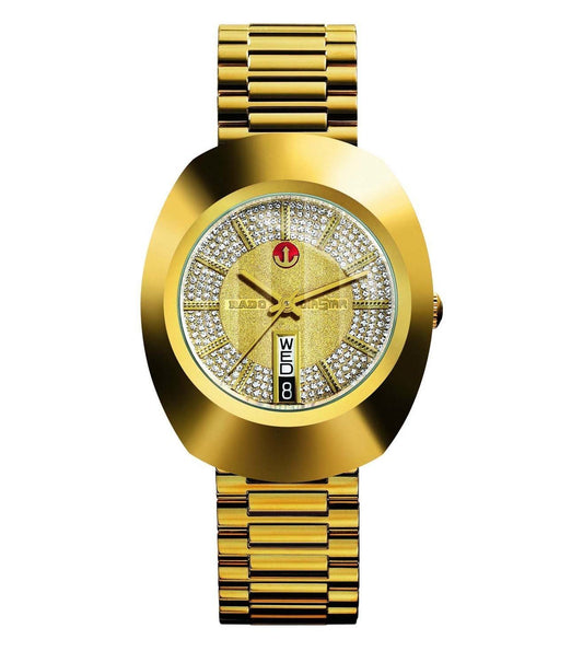 A gold-colored Rado original analog watch for men with a link bracelet and a dial featuring small diamond-like accents.