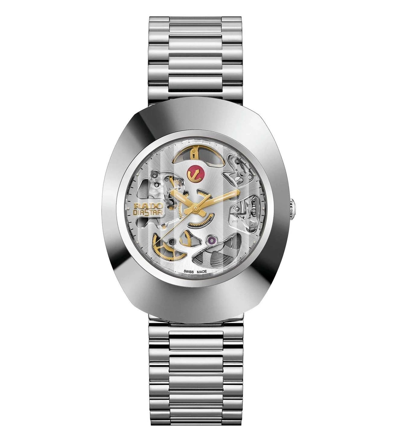 A silver Rado Original watch for men with a skeleton dial and a stainless steel bracelet.