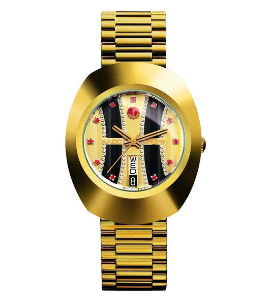 A gold-colored Rado Original watch for men with a patterned dial and a metallic band.