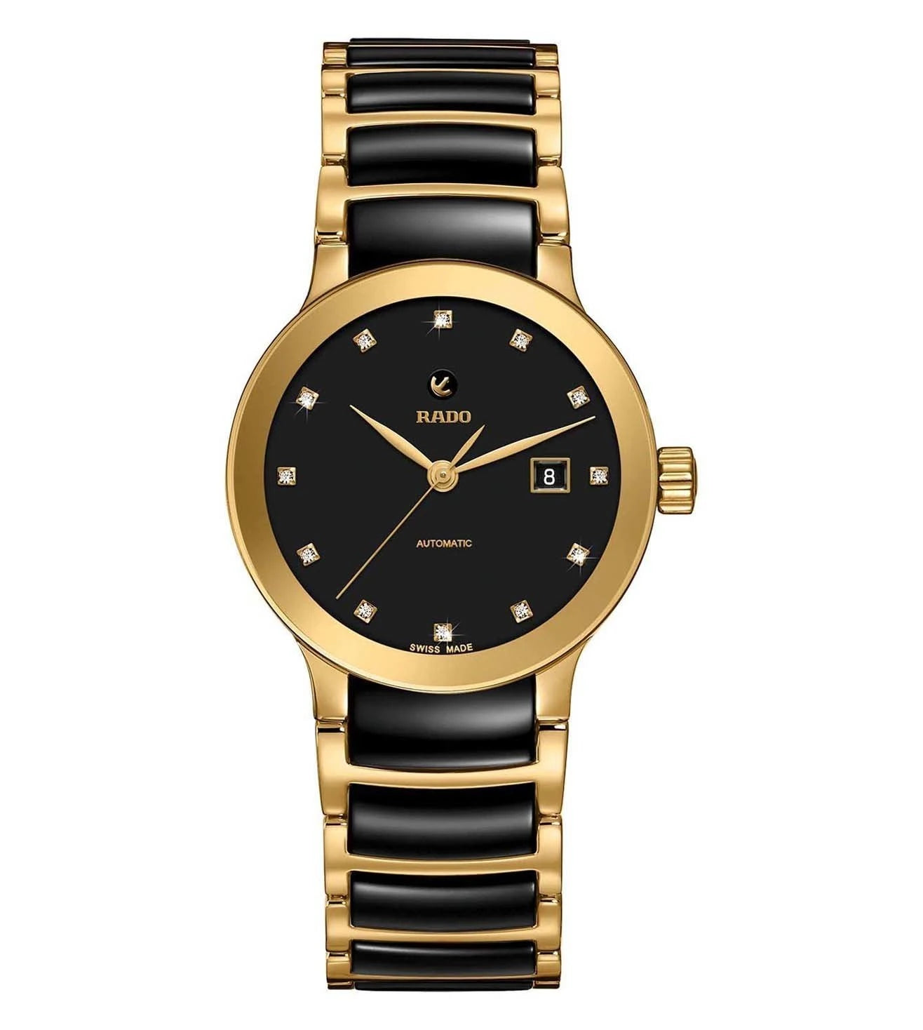 A Rado Centrix Automatic watch for women with a black dial adorned with diamond markers, set in a gold case, and a gold bracelet.