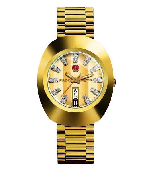 A gold-colored RADO original analog watch for men with a link bracelet and a dial featuring diamond markers.