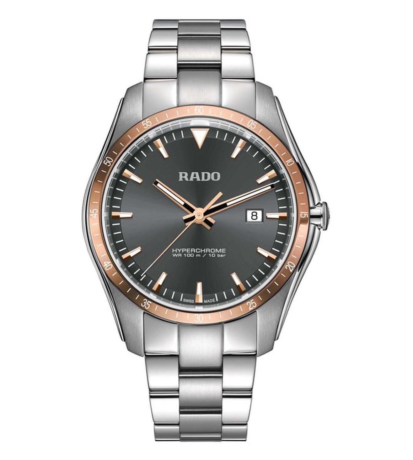 A RADO HyperChrome men's watch with a silver bracelet and rose gold case, featuring a black dial with watch hands and a date display.