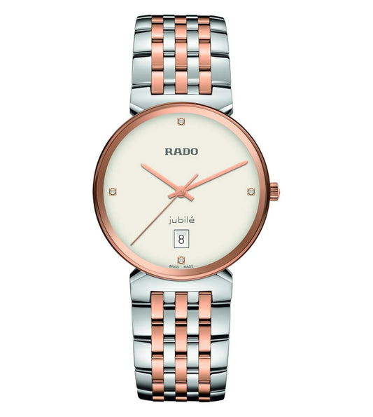 A Rado Florence Classic unisex watch with a silver and rose gold bracelet, a rose gold case, and a white dial with diamond indexes.