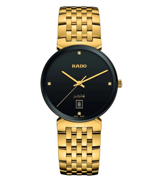 A Rado Florence Diamond Classic unisex watch with a black dial and gold-tone metallic bracelet.