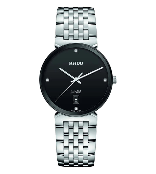 A Rado Florence Classic unisex watch with a black dial, adorned with four full-cut diamonds set as indexes, and a silver metallic bracelet.
