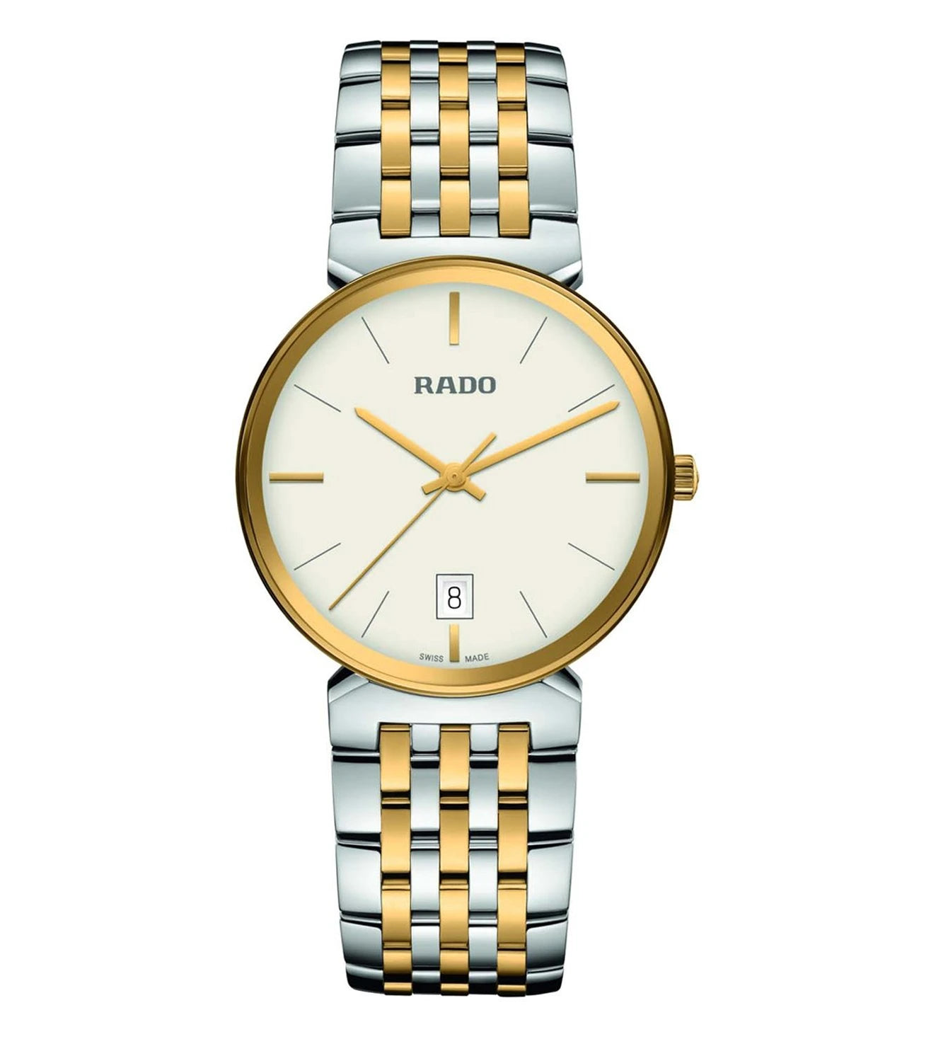 A RADO Florence Classic unisex watch with a silver and gold band, a silver case, and a gold and silver dial.