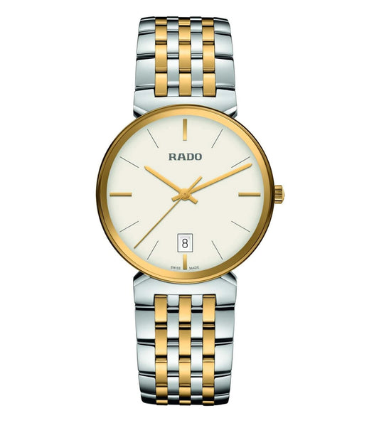 A RADO Florence Classic unisex watch with a silver and gold band, a silver case, and a gold and silver dial.