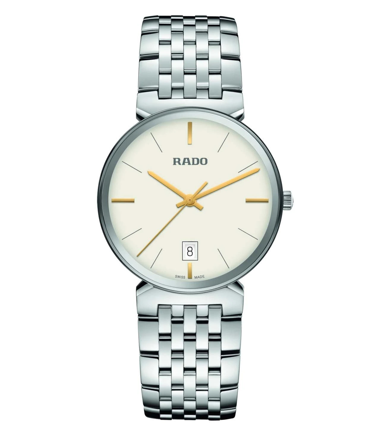 A RADO Florence Classic unisex watch with a silver stainless steel bracelet, a white dial, and gold-tone hands and markers.