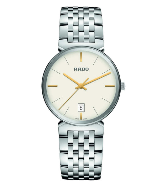 A RADO Florence Classic unisex watch with a silver stainless steel bracelet, a white dial, and gold-tone hands and markers.