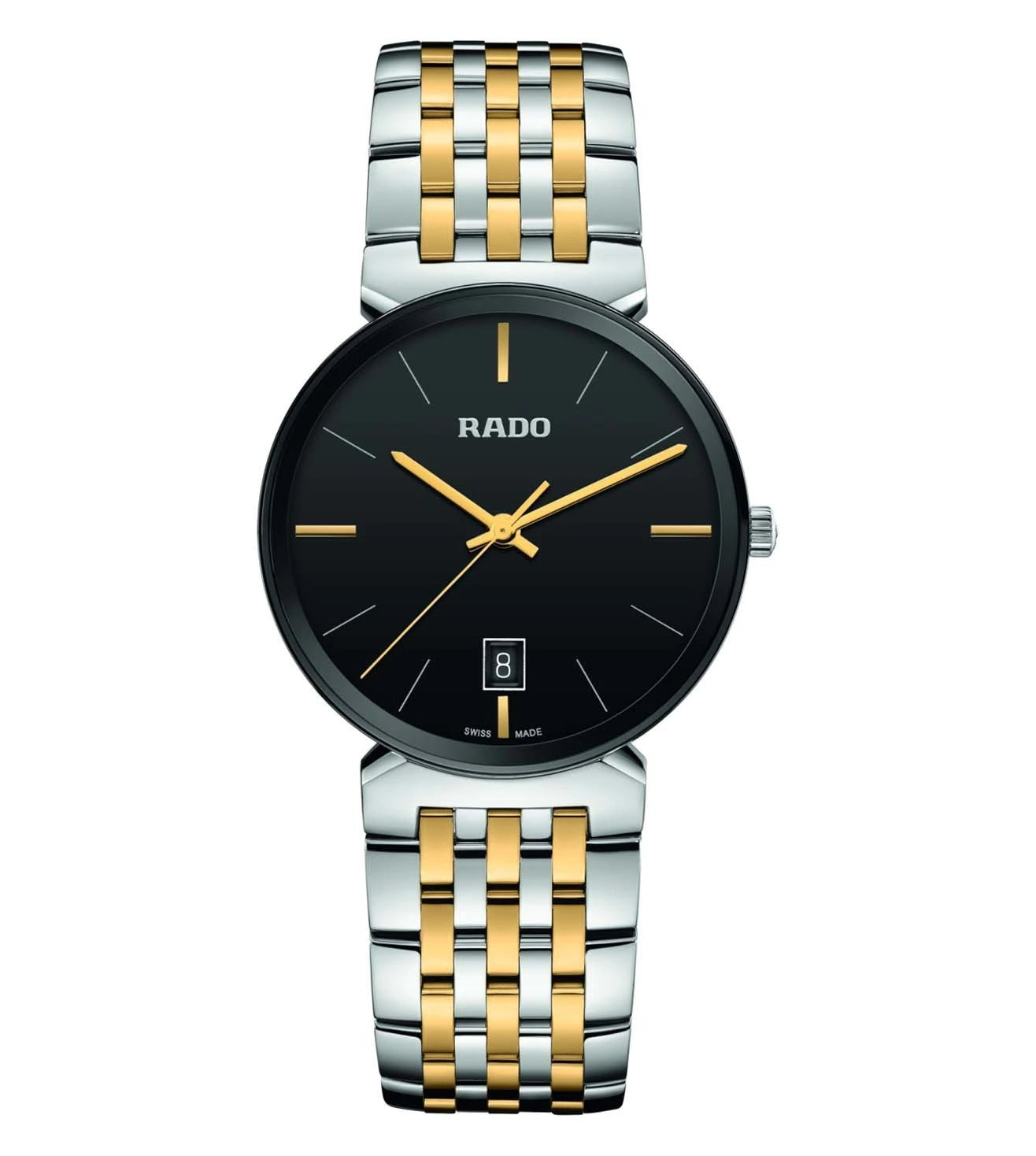 A Rado Florence Classic unisex watch with a black dial, gold hands, and a silver and gold bracelet.