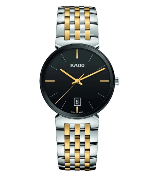 A Rado Florence Classic unisex watch with a black dial, gold hands, and a silver and gold bracelet.