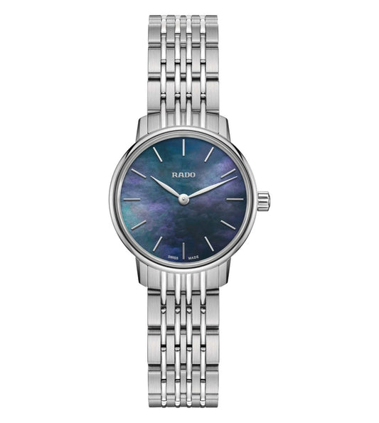 A silver Rado Coupole Classic analog watch for women with a blue dial and a stainless steel strap.