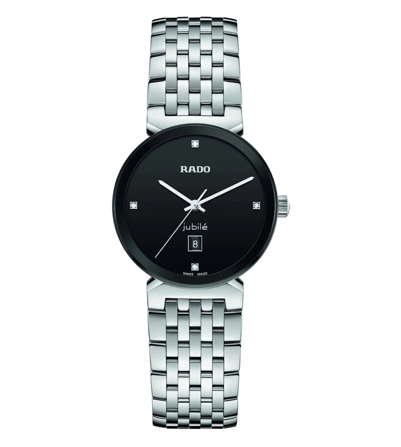 A Rado Florence Classic watch for women with a black dial, rhodium-plated hands, and a silver metallic bracelet.