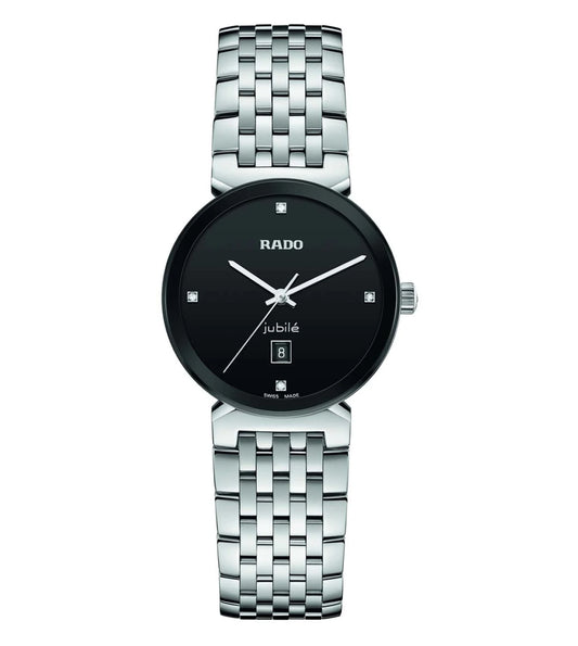 A Rado Florence Classic watch for women with a black dial, rhodium-plated hands, and a silver metallic bracelet.