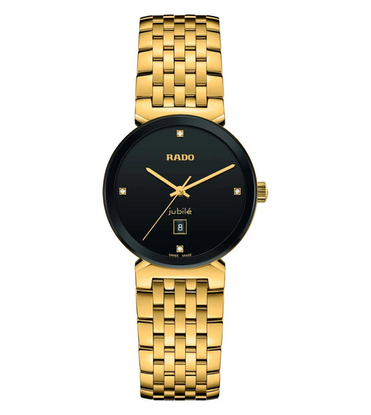 A Rado Florence Classic watch for women with a black dial and gold-plated bracelet and hands.