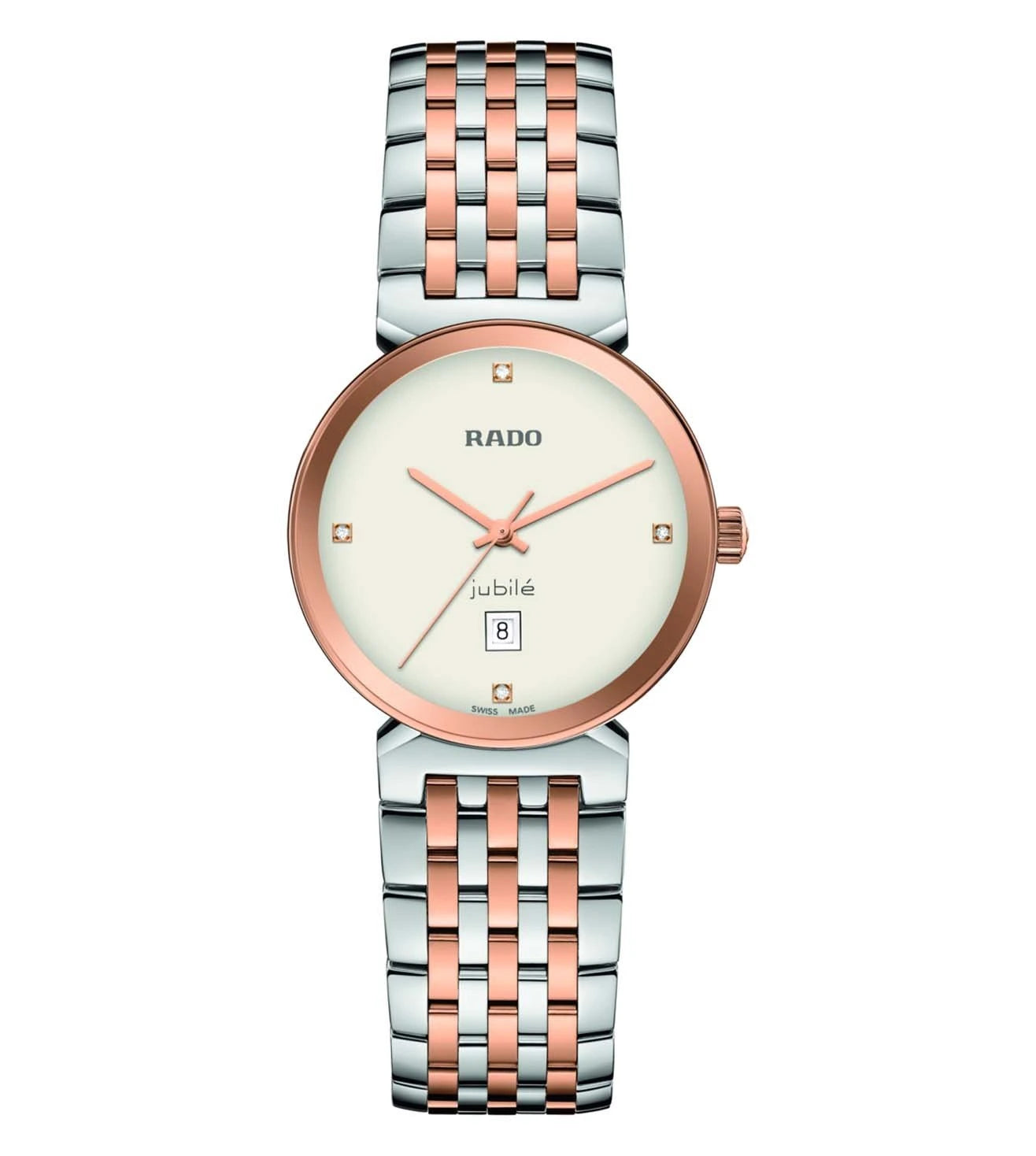 A Rado Florence Classic watch for women with a silver and rose gold bracelet and a rose gold case, featuring a white dial and four full-cut diamonds set as indexes.