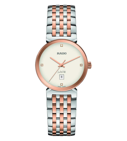 A Rado Florence Classic watch for women with a silver and rose gold bracelet and a rose gold case, featuring a white dial and four full-cut diamonds set as indexes.