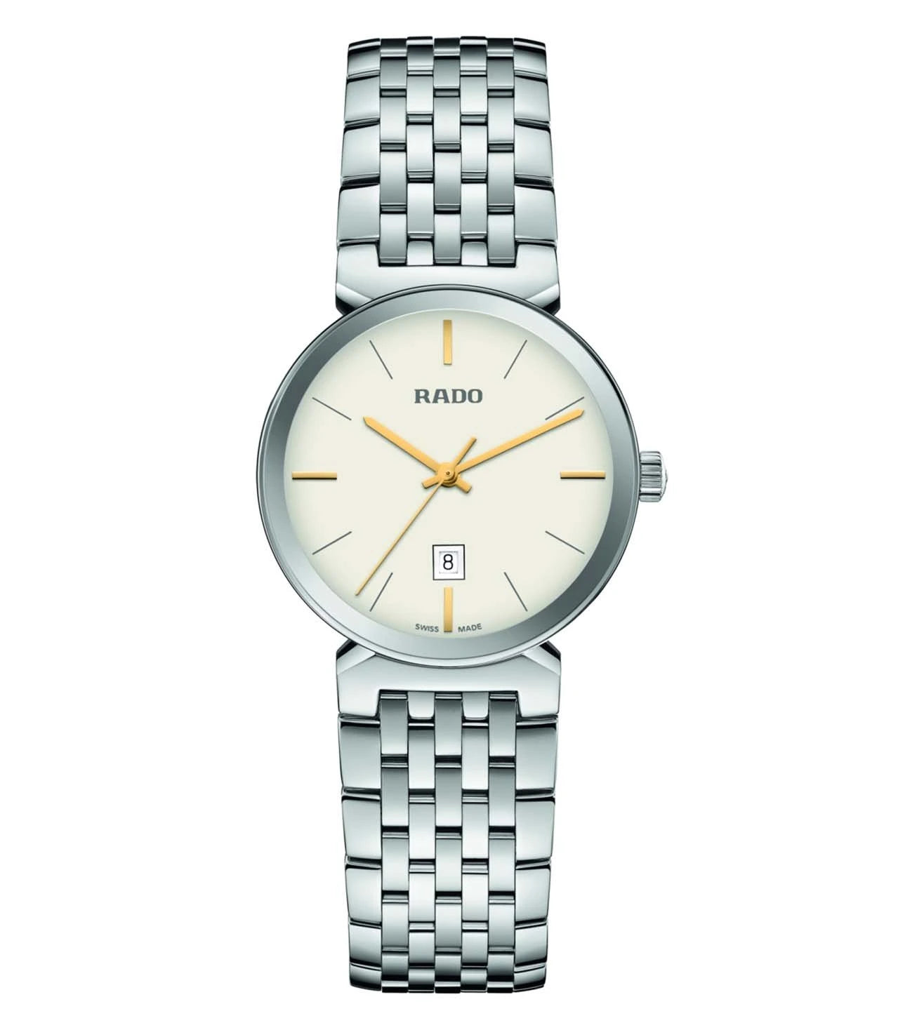 A Rado Florence Classic analog watch for women with a silver stainless steel bracelet and a white dial with gold hands and markers.