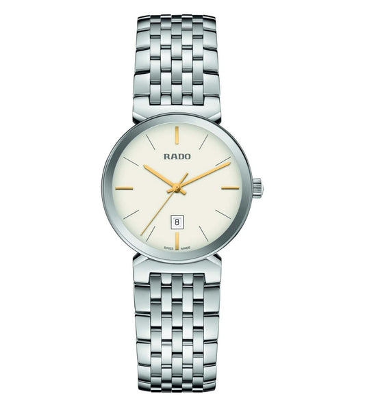 A Rado Florence Classic analog watch for women with a silver stainless steel bracelet and a white dial with gold hands and markers.