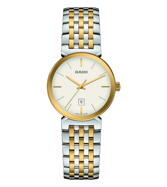 A Rado Florence Classic watch for women with a silver and gold band and a gold analog dial.
